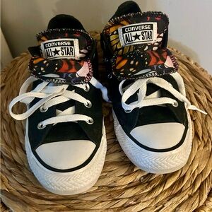 Converse All Star Women’s Size 6 Black Shoes with Colorful Butterfly Accents.